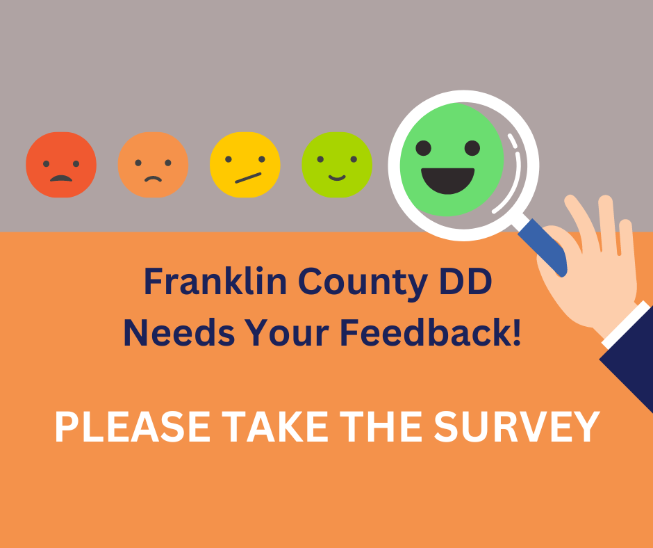Orange graphic with emojis asking people to take the survey